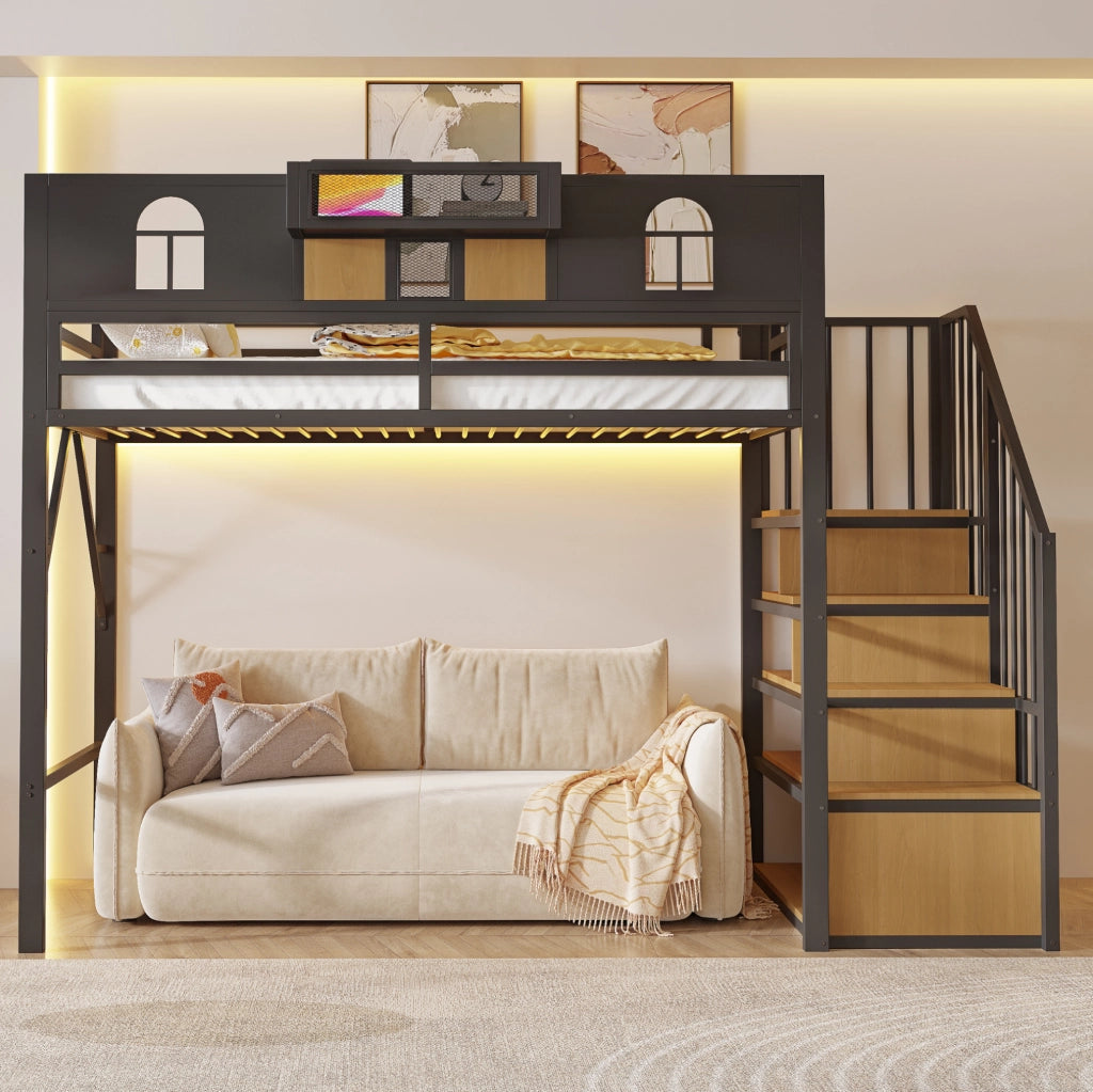 Letto a soppalco in metallo 90x200 cm con scala contenitore e luce; nero
