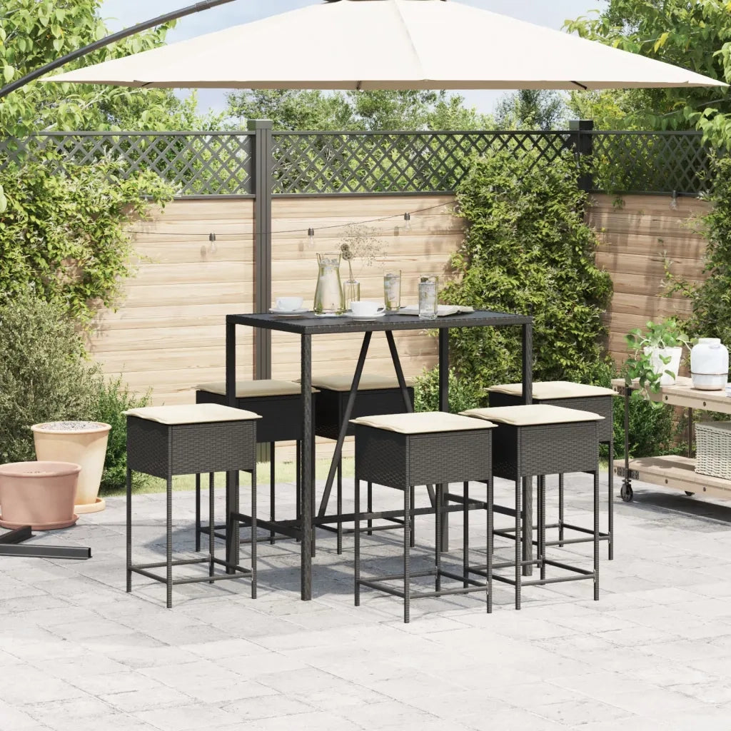 Set Bar da Giardino 7 pz con Cuscini in Polyrattan Nero 3261467