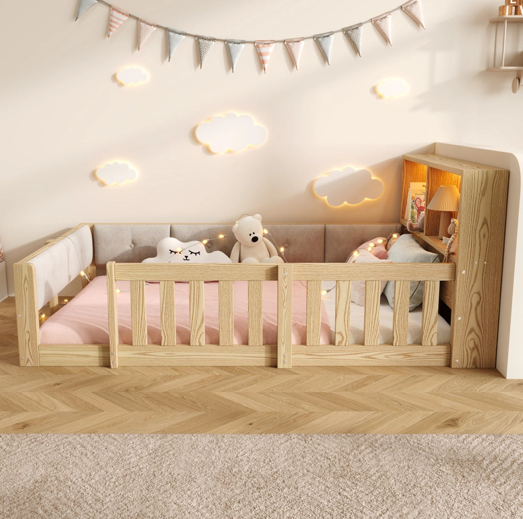 Letto per bambini 90x200 cm con sponde, LED e testiera contenitore naturale