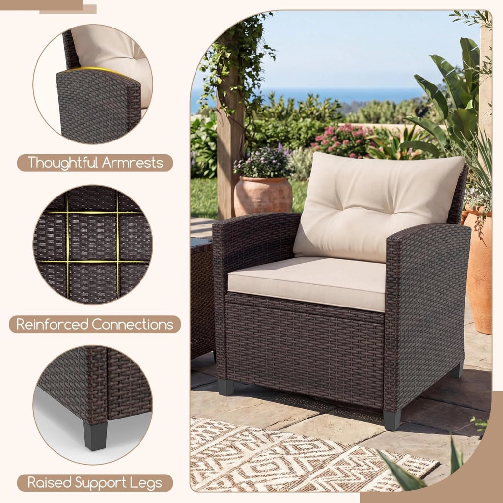 Set di Mobili da Giardino, in Rattan, 3 Pezzi Mobiletti, 1 Tavolino + 2 Poltrone, Salottino da Esterno, con Cuscini per Balcone, Giardino, Cortile, Terrazza, 3 Colori (Bianco)