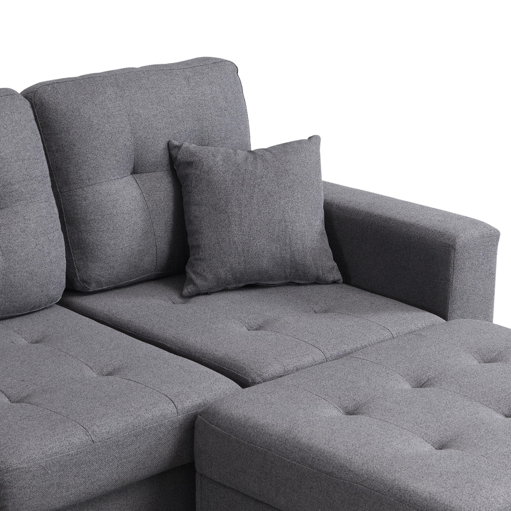 Divano modulare angolare 4 posti - con pouf contenitore; LED e porte USB - in lino - grigio antico