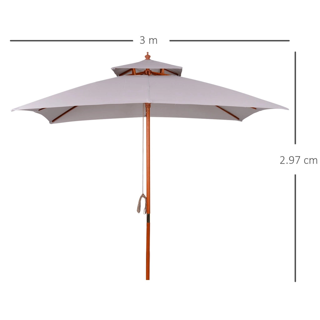 Ombrellone da Giardino 300x300x297H cm con 8 Stecche e Copertura Parasole a 2 Livelli in Bambù Grigio