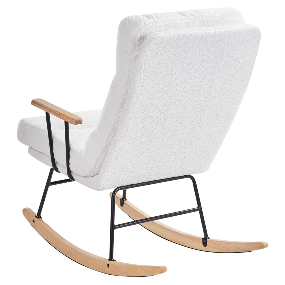 Sedia a dondolo Rivestimento in Boucle bianco sporco Gambe in legno e gomma Schienale reclinabile Soggiorno