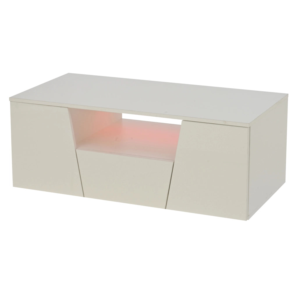 Tavolino da caffè 100x50x40 cm con luci LED; 2 armadietti e 1 cassetto in truciolare bianco