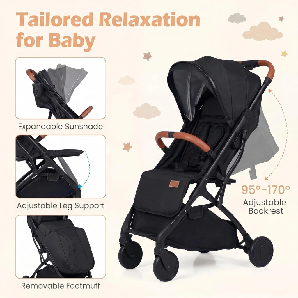 Passeggino Leggero per Bambini e Neonati, Passeggino Pieghevole e Portatile con Ruote, Schienale Regolabile, Tettuccio, Cintura di Sicurezza, Cesto e Copertura Antipioggia (Nero)