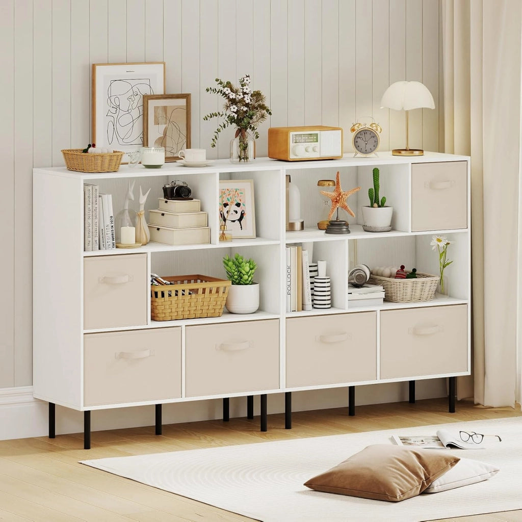 Libreria a 6 Cubi, Scaffale a 3 Livelli con 3 Cassetti in Tessuto Pieghevoli, Organizzatore Autoportante con Gambe in Metallo per Soggiorno, Ufficio, 90 x 40 x 105 cm (Bianco)