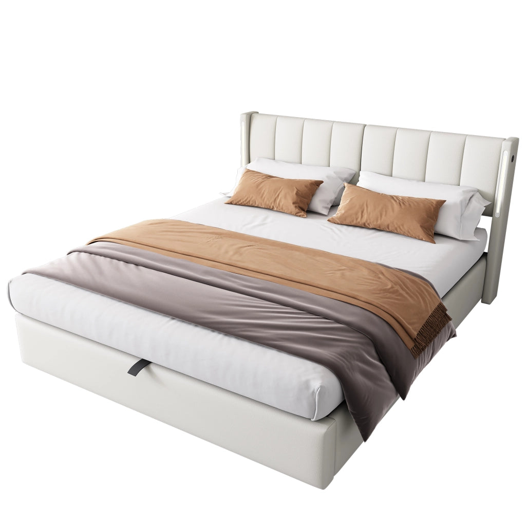 OKWISH Letto Contenitore 140×200 cm, Letto Matrimoniale con USB, Tipo C, LED Regolabile e Testiera Regolabile, senza Materasso, in PU, Bianco