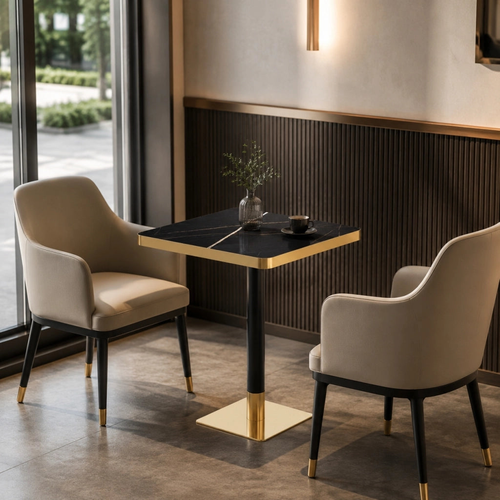 Tavolo da pranzo quadrato in MDF effetto marmo con bordo dorato e base in metallo per 2-4 persone 60 × 60 cm
