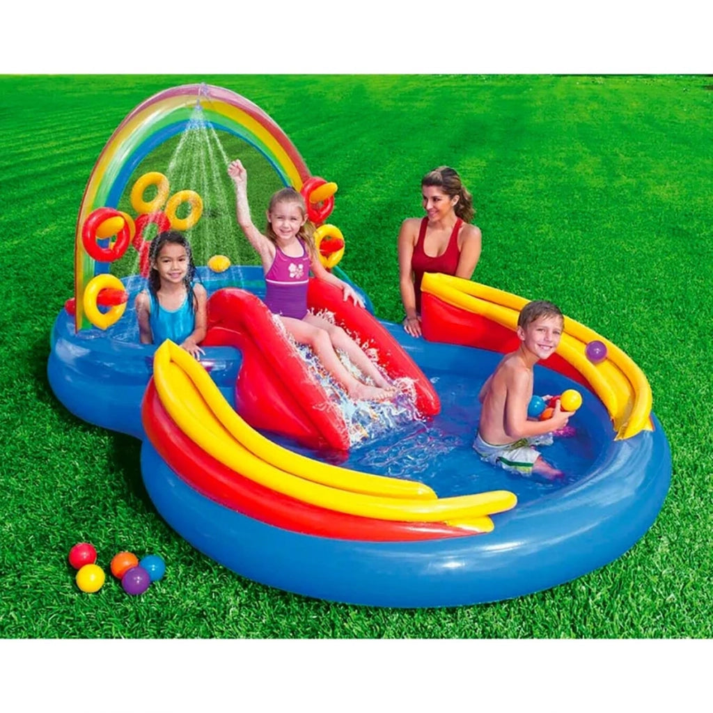 Piscina Gonfiabile per Bambini Arcobaleno 297x193x135 cm Playground con Scivolo e Piscina Multicolore