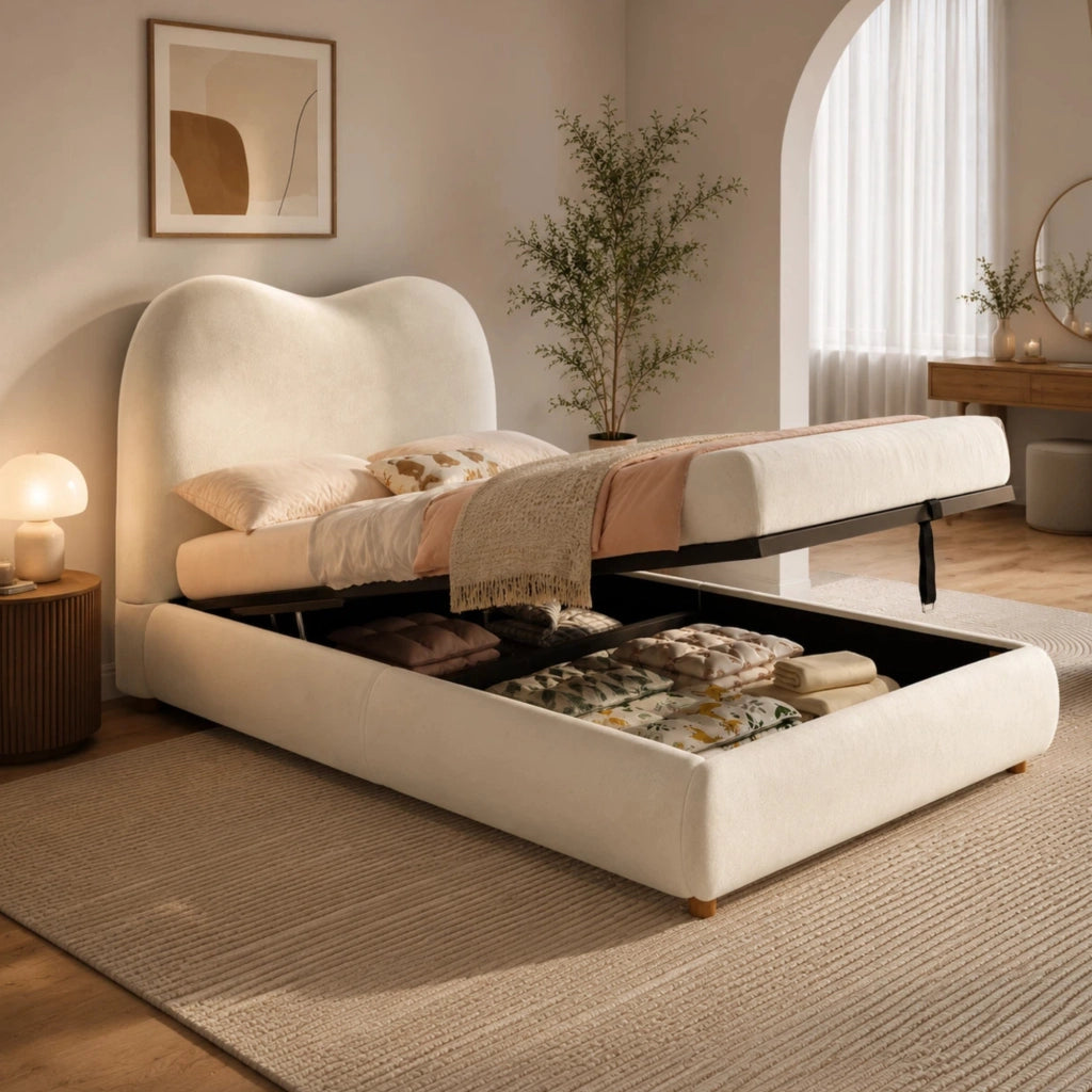 Letto per bambini 90 × 200 cm con contenitore idraulico, testiera imbottita, senza materasso, in velluto beige