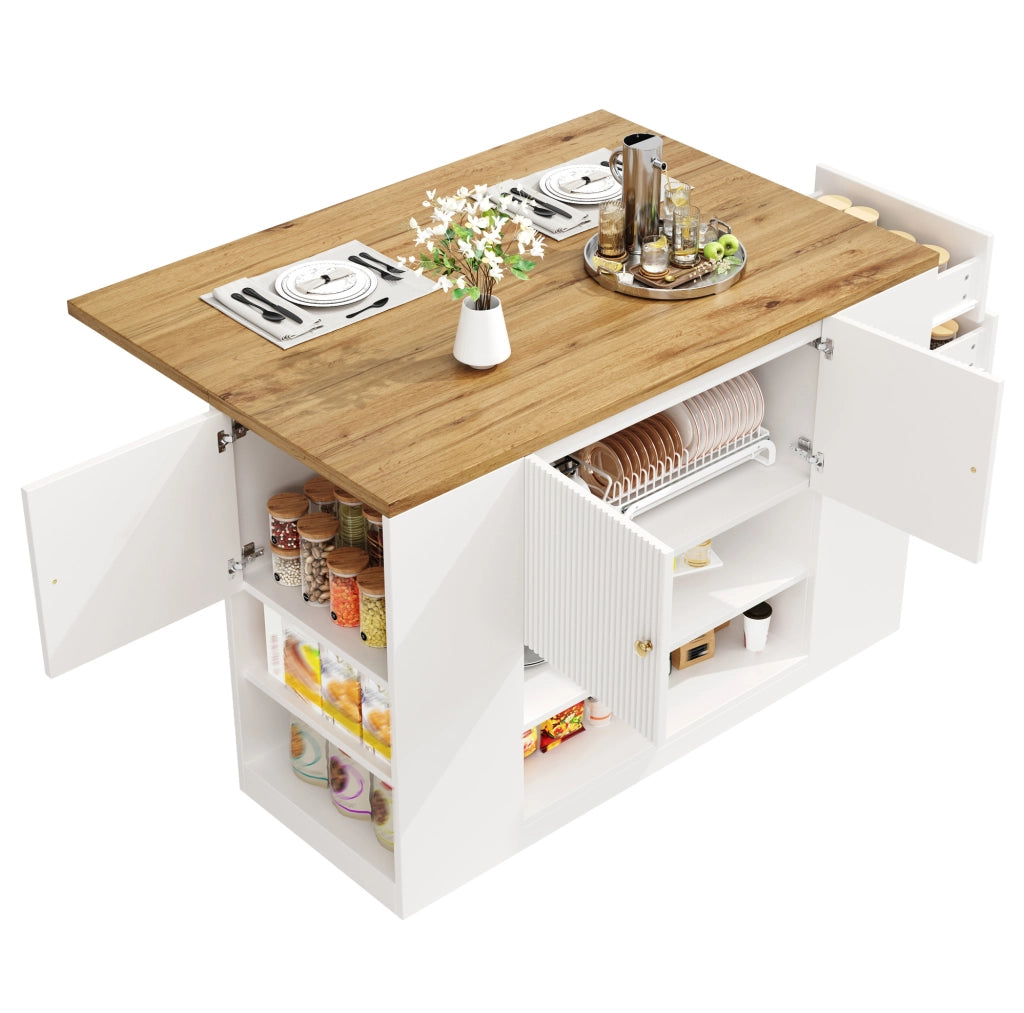 Isola cucina 140x70x90 cm con piano ribaltabile; ampio spazio contenitore in MDF e metallo; bianco