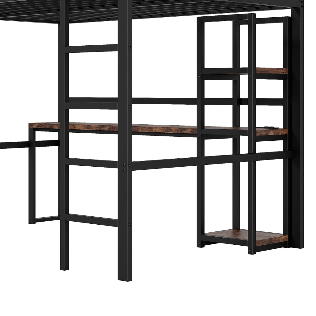 LETTO A CASTELLO 140 x 200 cm in metallo nero con scrivania e ripiani