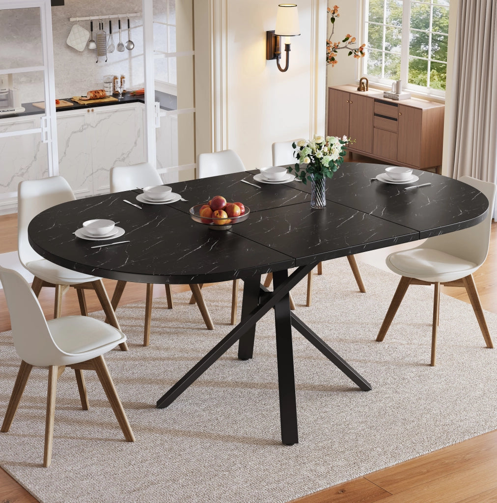 Tavolo rotondo allungabile effetto marmo 100/140 cm in MDF e metallo nero