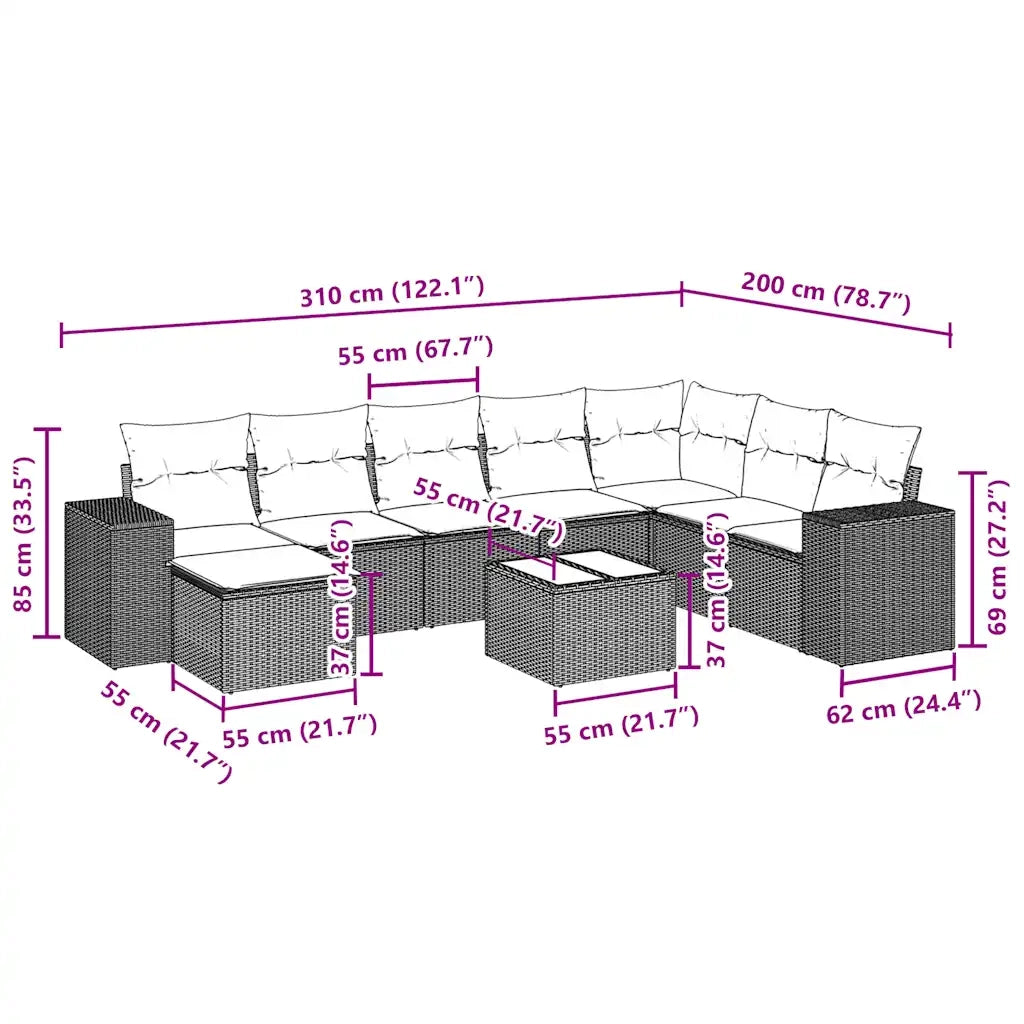 Set Divano da Giardino 9pz con Cuscini Grigio Chiaro Polyrattan