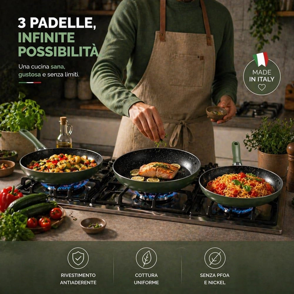 Tris Padelle Natura Più Verde da 20/24/28cm Manico Cool Touch Fondo Antiaderente