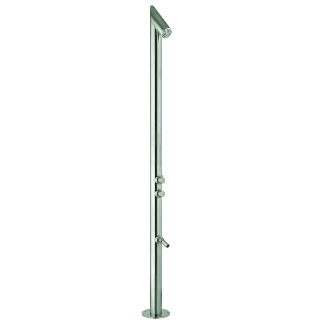 Colonna doccia inox 316 con soffione integrato e lavapiedi.