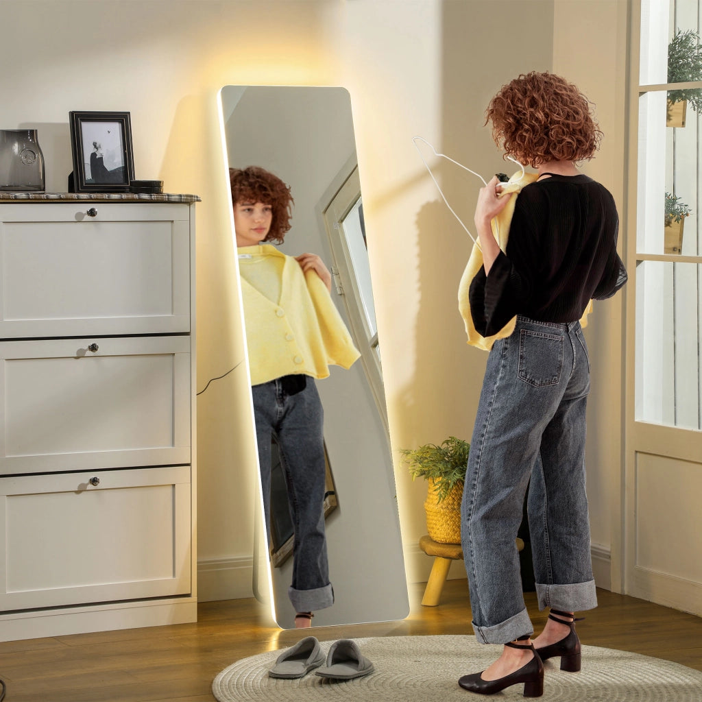Specchio a figura intera, 150 x 40 cm, specchio da terra con illuminazione a LED, 3 colori di luce, specchio da parete con supporto, interruttore