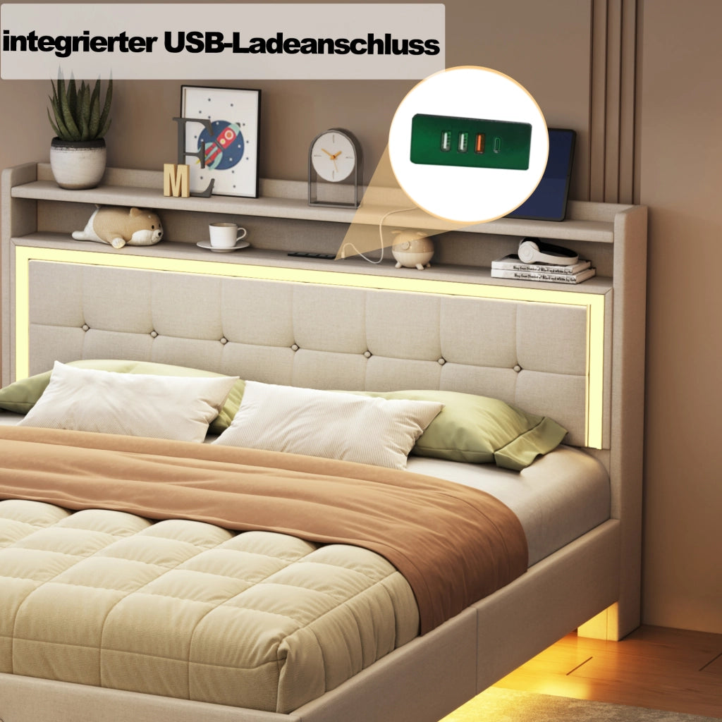 OKWISH Letto Imbottito 140×200 cm, Letto Matrimoniale con Porta USB, LED Regolabile e Contenitore in Testata, senza Materasso, Beige