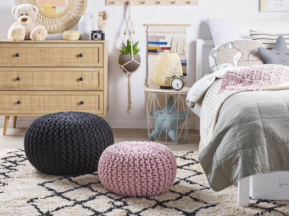 Pouf ottomana in cotone lavorato a maglia Nero perline EPS riempimento rotondo piccolo poggiapiedi 50 x 35 cm