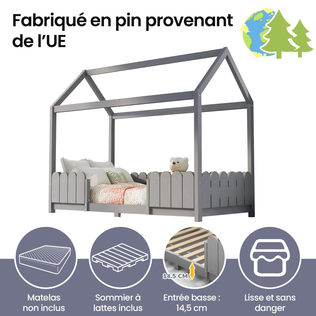 Letto Casetta 90 x 200 cm; Letto Singolo con Sponda e Rete a Doghe - in Legno - Grigio