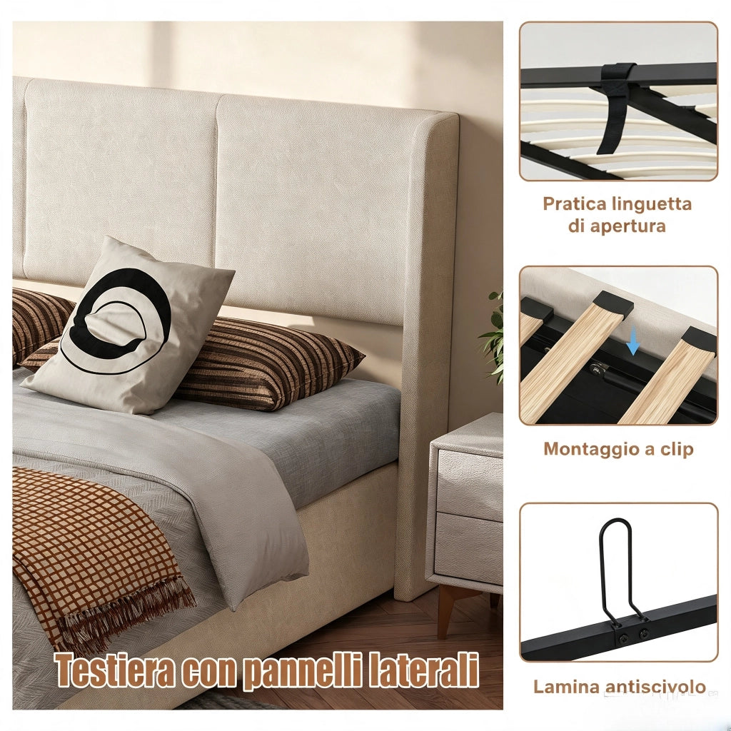 Letto matrimoniale contenitore 160x200 cm con testiera imbottita struttura letto rete a doghe vano idraulico in lino-beige