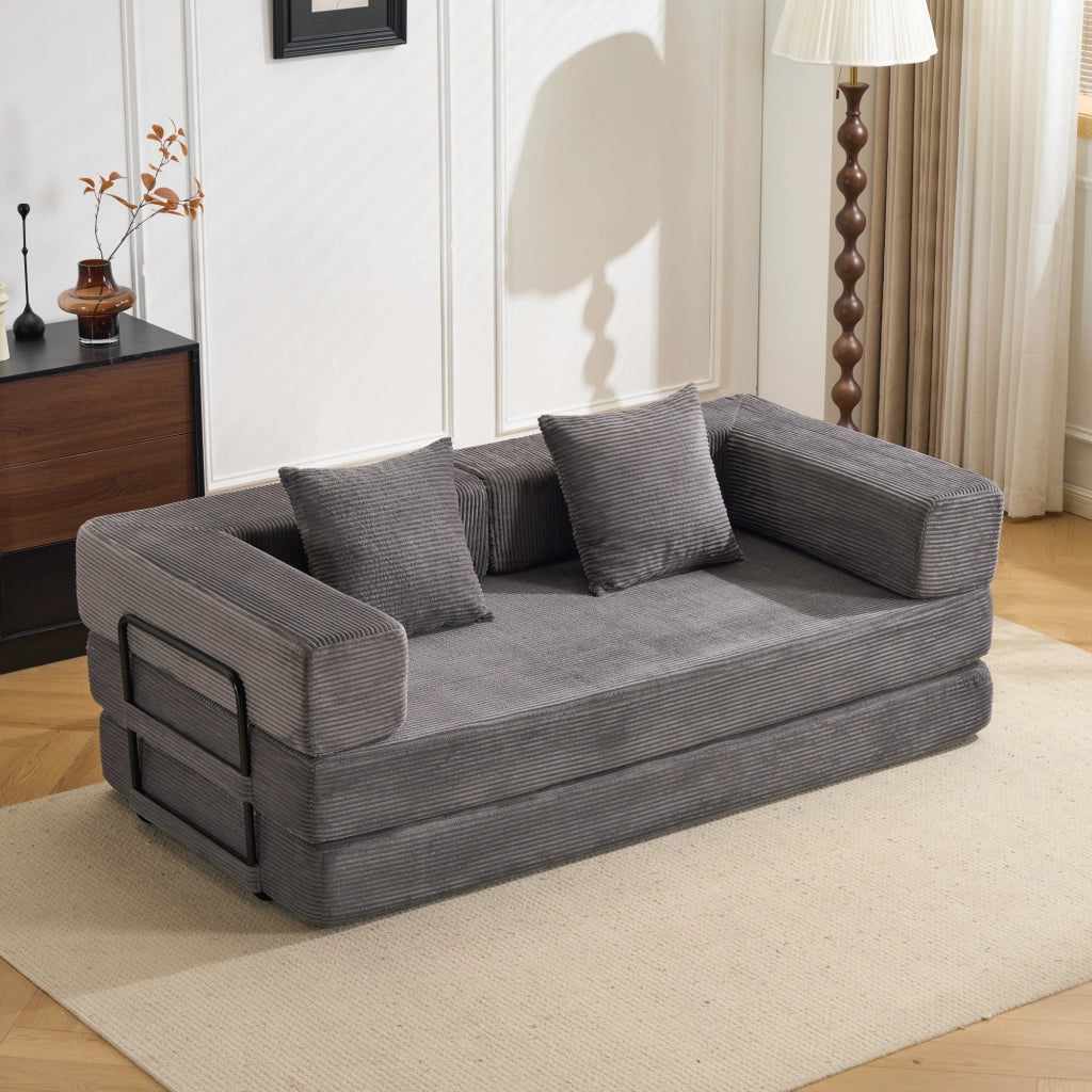 Divano letto pieghevole a pavimento con braccioli e schienale in velluto a coste grigio scuro 185 × 92,5 × 60 cm