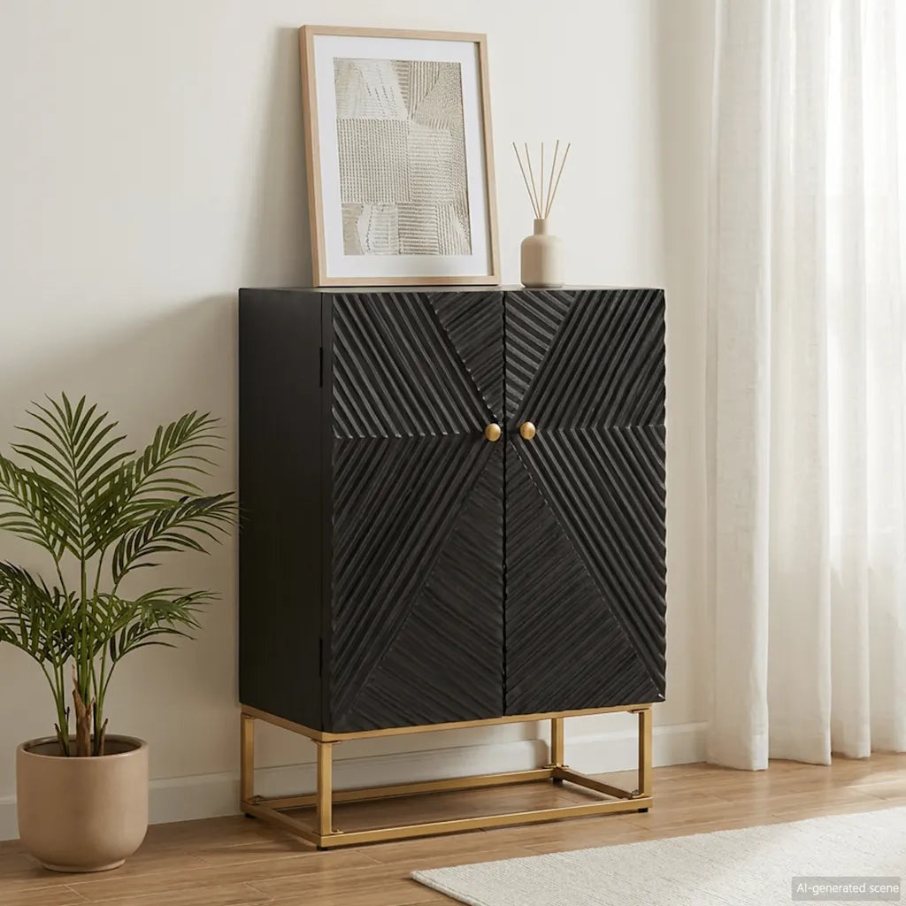 Credenza Nera 55x30x76 cm in Legno Massello di Mango e Ferro 372026