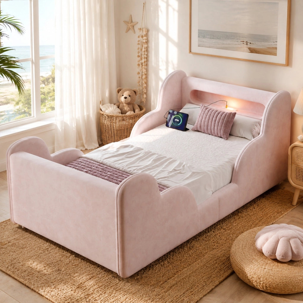 Letto singolo per bambini 90x200 cm in velluto rosa con luce notturna e USB