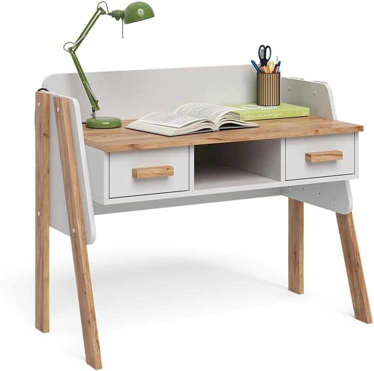 Scrivania Malia, Bianco/Artisan, 97 x 51 cm con 2 cassetti, regolabile in altezza per una configurazione flessibile della postazione di lavoro