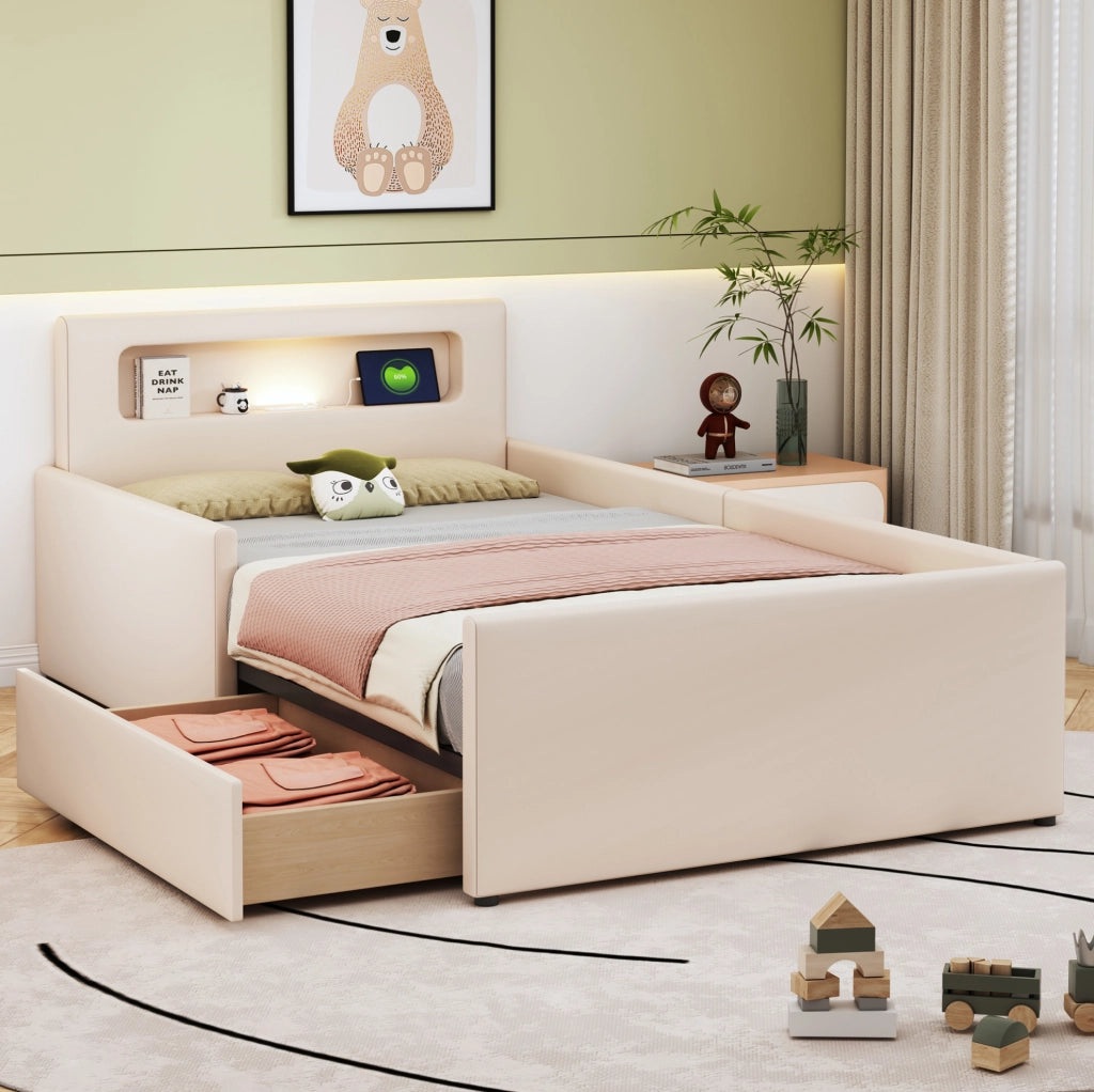 Letto imbottito per bambini 90x200 cm con luce notturna, USB e cassetti