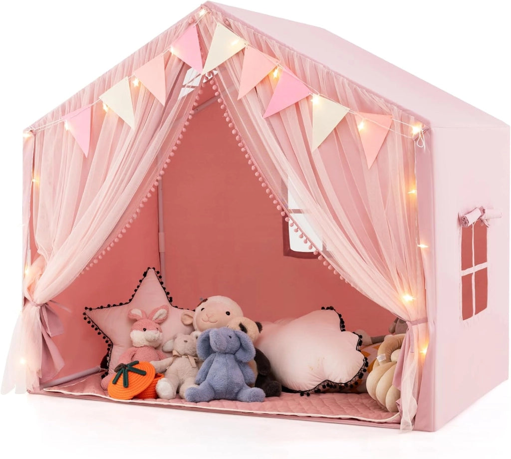 Tenda da Gioco per Bambini, Tenda Castello per 3-4 Bambini con Tende in Tessuto e Rete Luci a Stella e Finestre, Materassino in Cotone, per Bambini 3 Anni+, 146x96x133 cm (Beige)