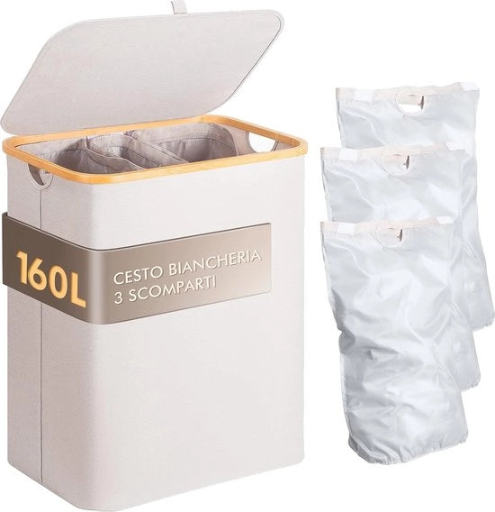 Asciugatrice a stuoia 160 Litri 3 Tasche - Bambù Naturale - Tasche Rimovibili - Asciugatoio Pieghevole - Beige