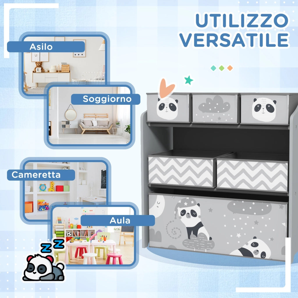 Scaffale Portagiochi con 6 Contenitori in Tessuto 63x30x66cm Grigio