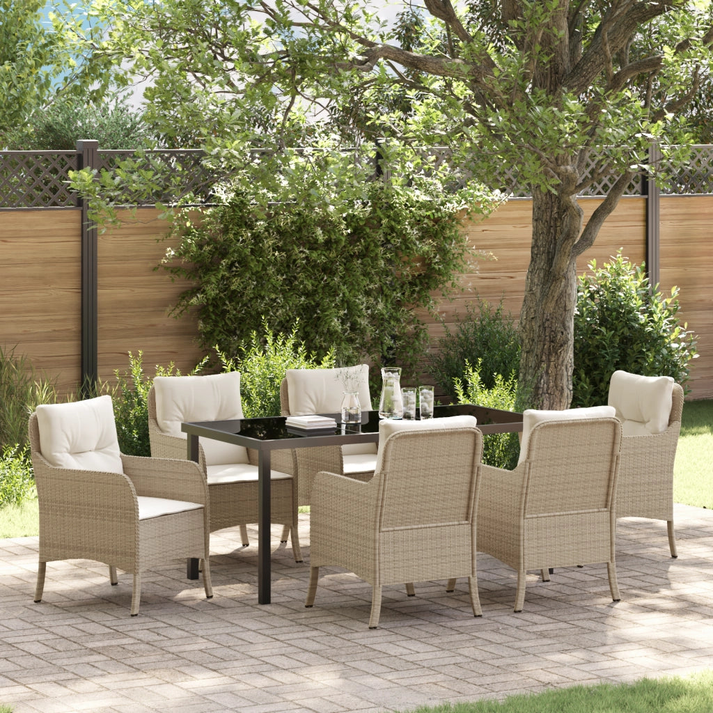 Set da Pranzo da Giardino 7 Pezzi con Cuscini Beige in Polyrattan