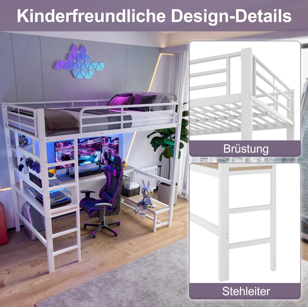 Letto a soppalco 90x200 cm con scrivania, LED e prese USB-C