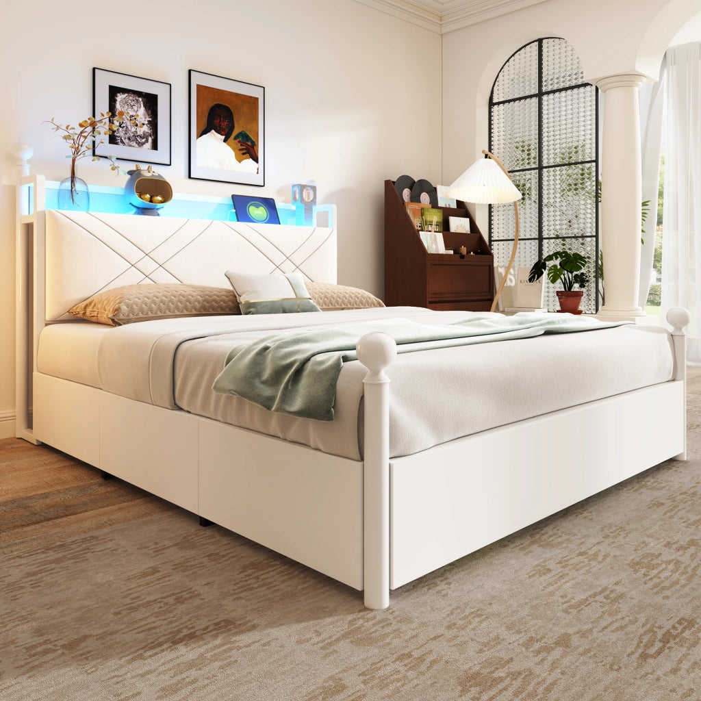Letto matrimoniale 140 × 190 cm con contenitore, 3 cassetti, LED, USB e Type-C, senza materasso, bianco