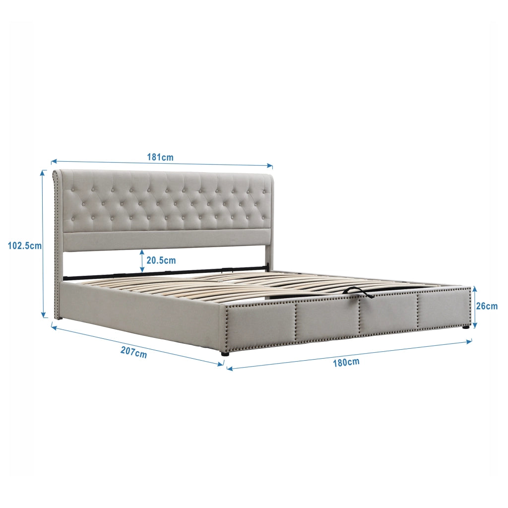 Letti contenitori 180x200 cm; contenitore e borchie; lino grigio (Senza materasso)