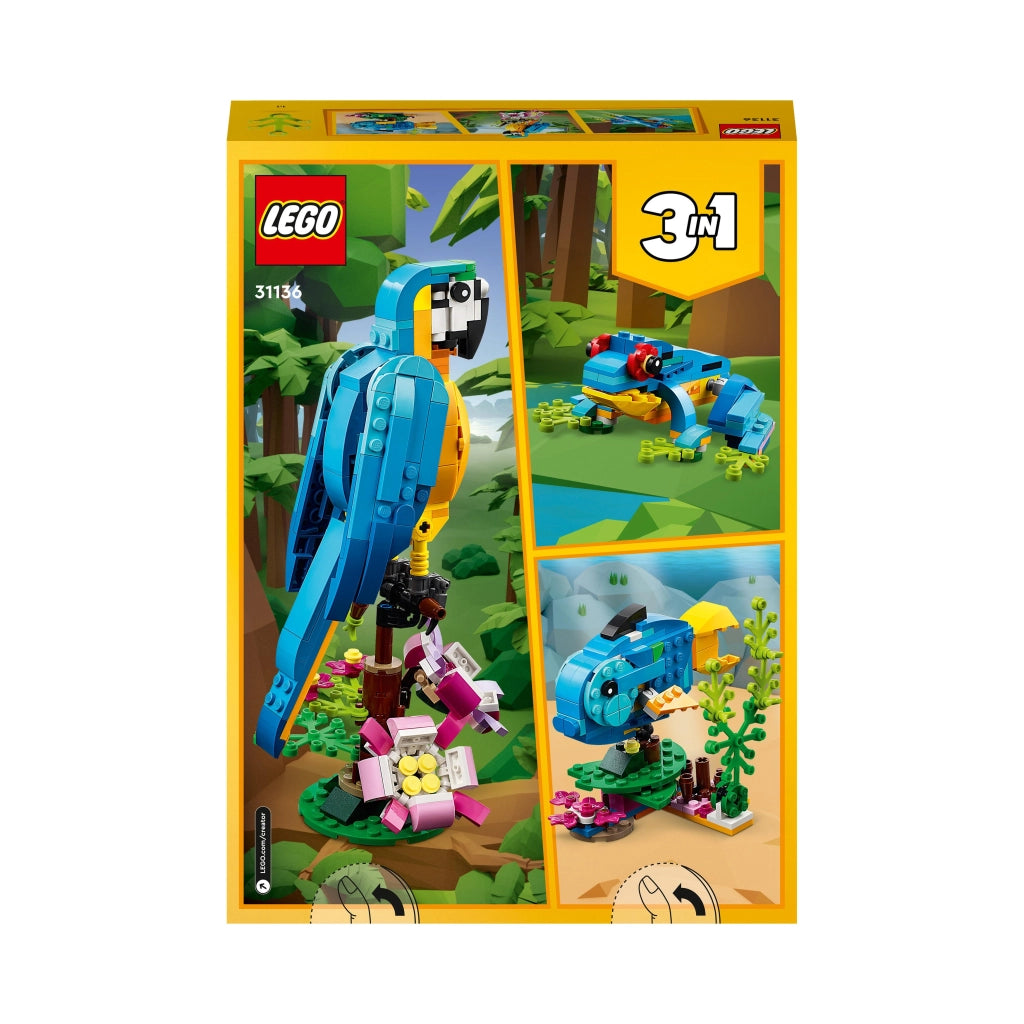 LEGO 31136 Creator Pappagallo Esotico, Set 3 in 1 con Pesce e Rana, Figure di Animali Giocattolo della Giungla, Giochi C