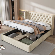 Letto imbottito beige con contenitore 140 x 190 cm