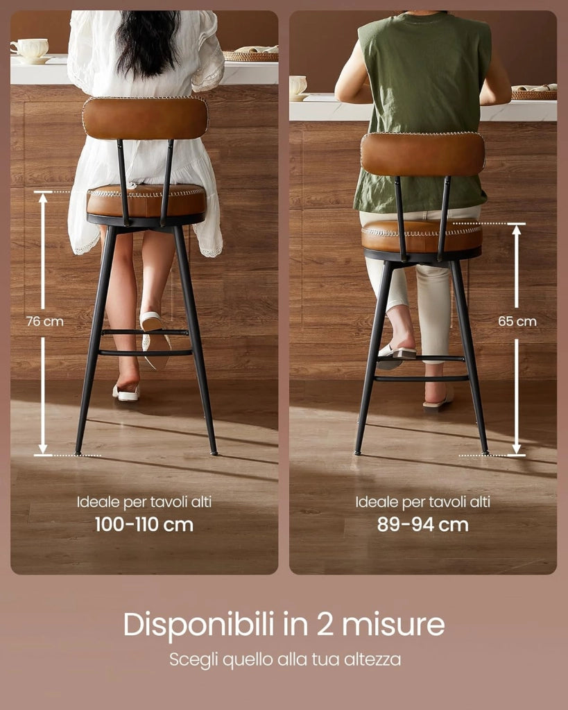 VASAGLE EKHO Collezione - Sgabelli Cucina Set da 2, Sgabelli da Bar Girevoli con Schienali, Sedie Cucina, Rivestimento con Cucitura, Moderno di Metà Secolo, Altezza 76 cm, Marrone Caramello LBC889K01