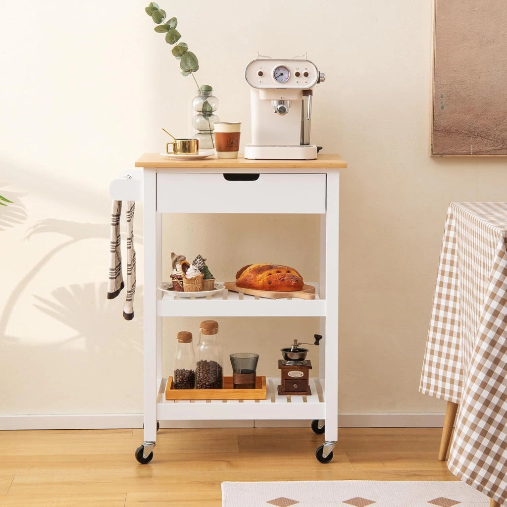 Carrello da Cucina con Ruote e Cassetto, Carrello Portaoggetti in Bambù con 2 Ripiani Aperti e Impugnatura, Carrello Bar da Cucina Sala da Pranzo Soggiorno (Bianco)