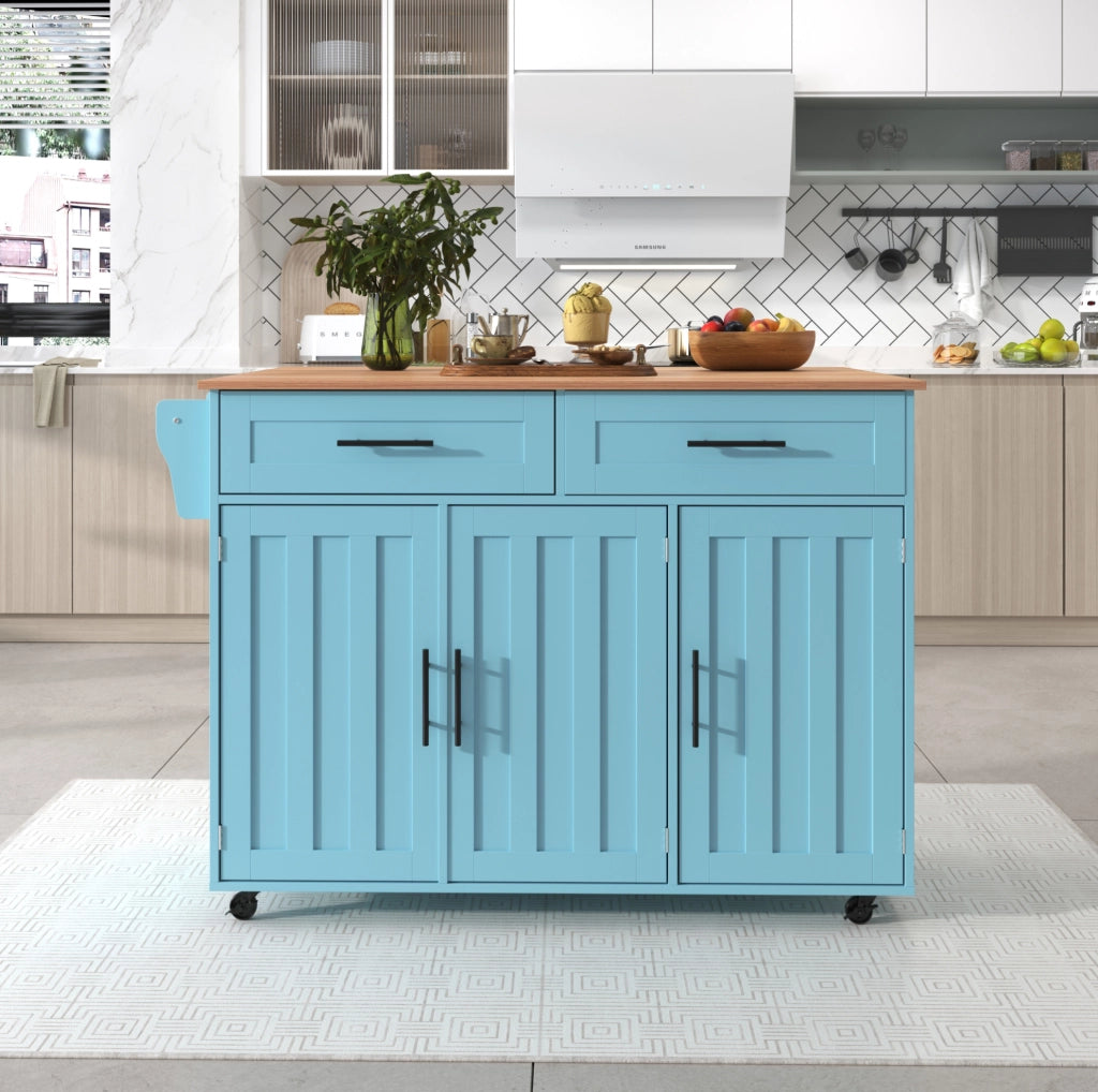 Carrello da cucina pieghevole blu con piano estensibile