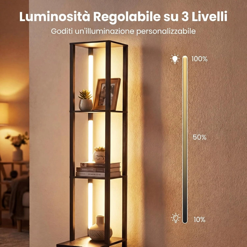 Lampada da Terra, Piantana da Terra con Cassetto, Ripiani, Luminosità Regolabile e Tubi Luminosi Ruotabili 360° Lampada a Stelo per Soggiorno, Camera da Letto e Studio