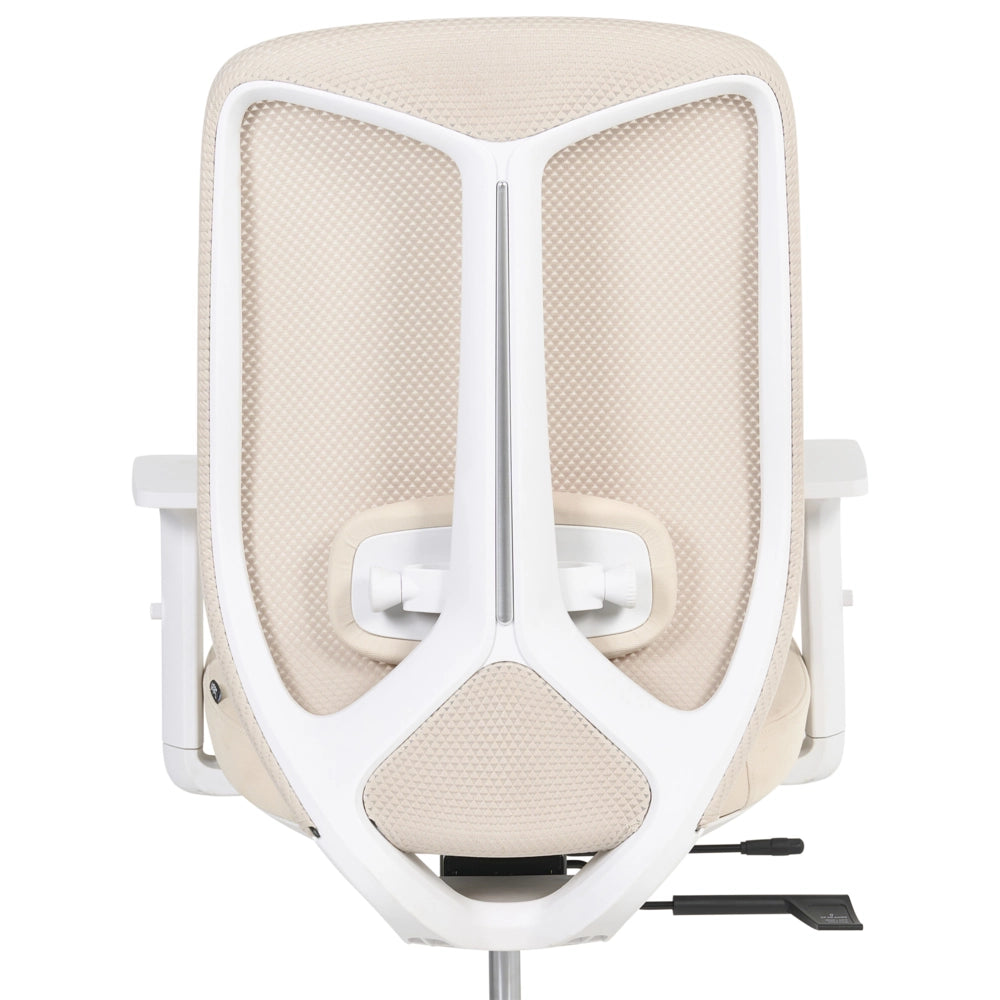 Sedia da ufficio in tessuto a rete beige con supporto lombare, braccioli regolabili e sedile scorrevole