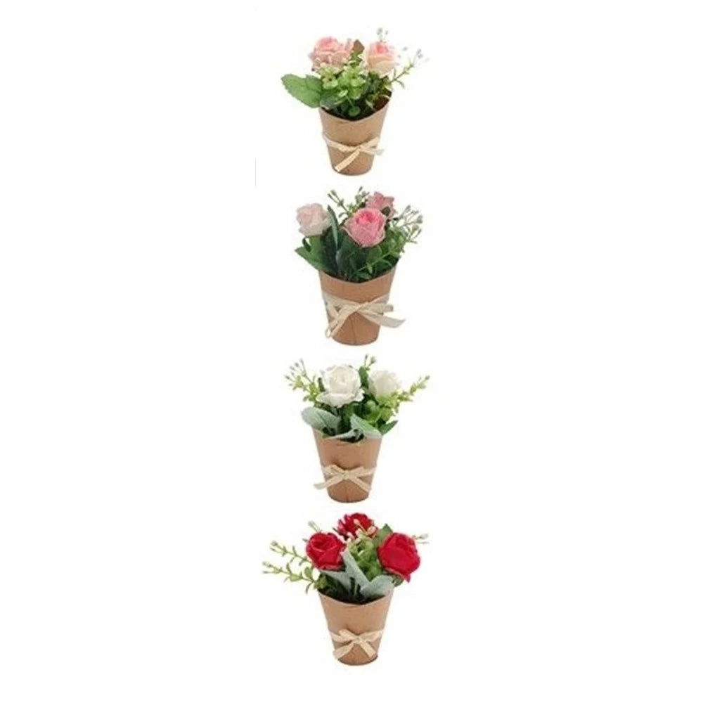 Trade Shop - Set 12 Pz Bouquet Di Fiori Finti Piantina Rose In 4 Colori Con Cartoncino Fiocco 656891 -