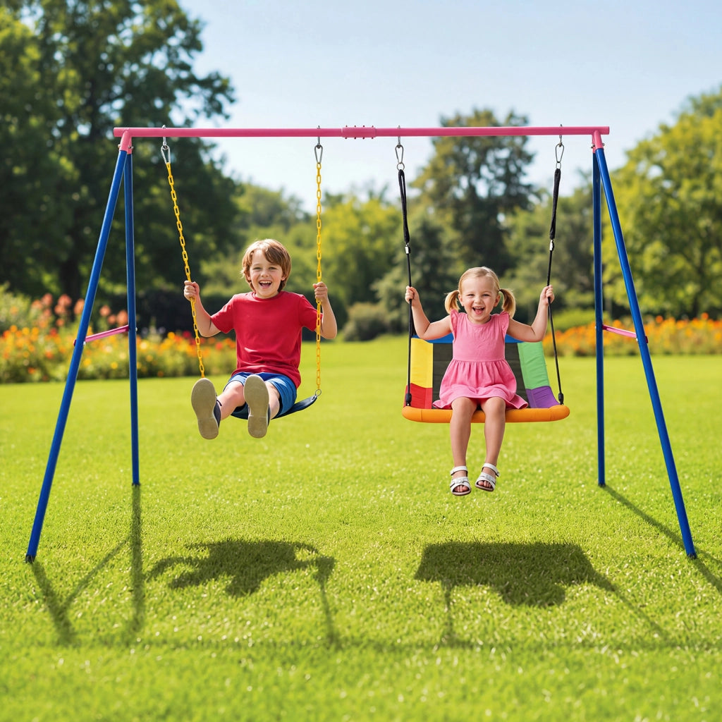 Set altalene per bambini con supporto a telaio, Altalena elastica e a disco volante con corde regolabili per cortile giardino parco