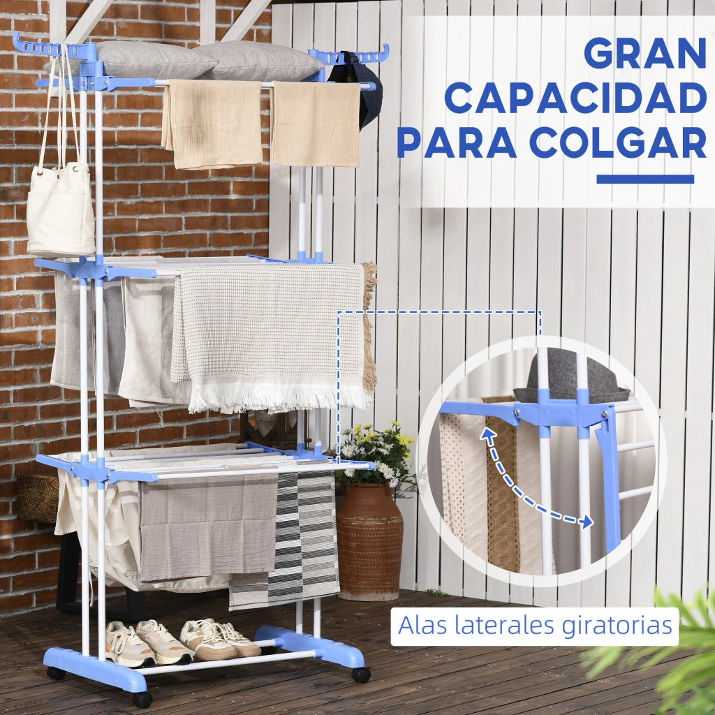 Stendibiancheria Verticale Pieghevole con Ruote 3 Livelli Ali Richiudibili ¨C Xylo ¨C 73x64x172 cm Blu e Bianco