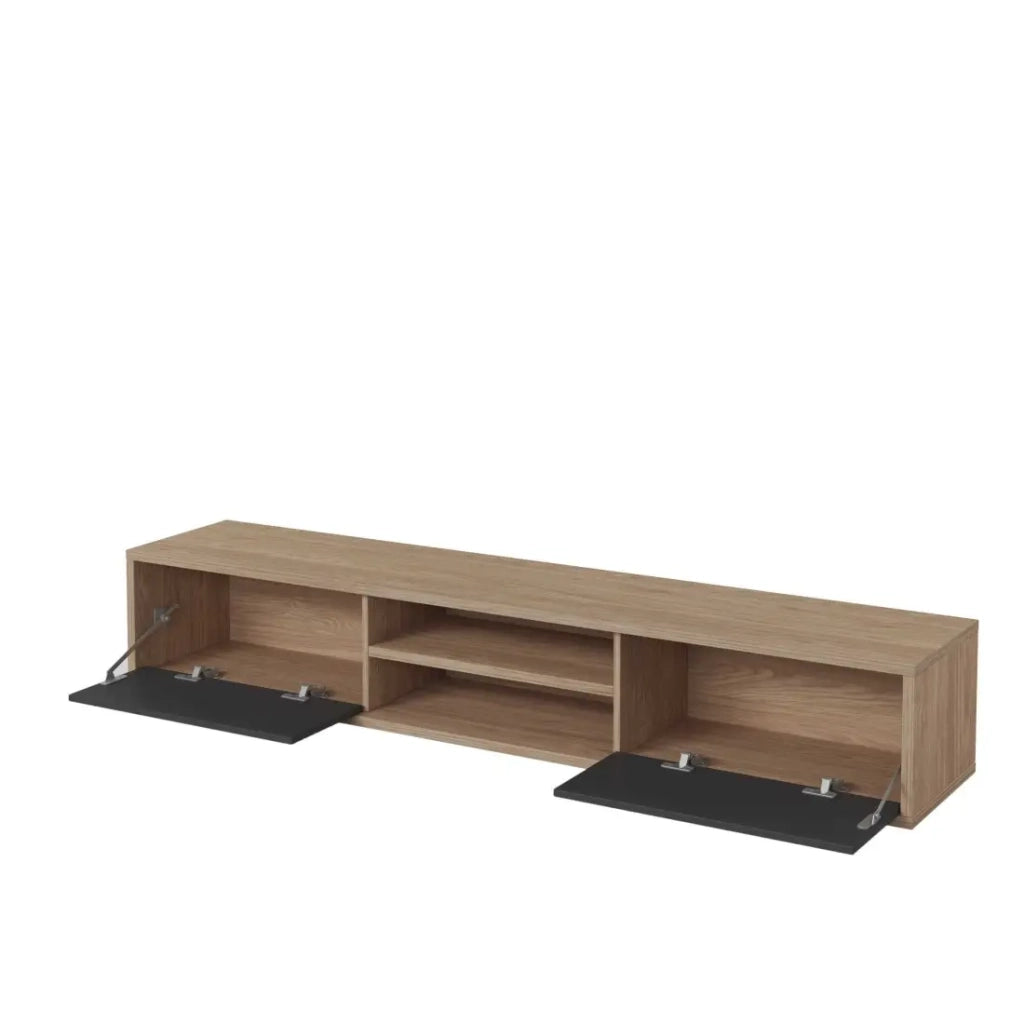 Mobile TV 180cm, 2 porte e 2 nicchie collezione MAANUM. Colore quercia chiara e grigio.