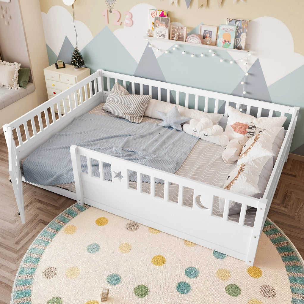 Letto per bambini 140x190 cm con sponde di sicurezza e decori stella e luna; bianco