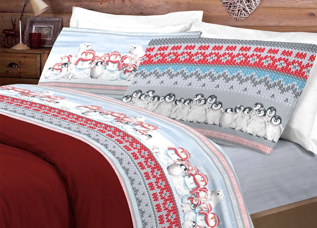 Completo Lenzuola Letto Pensieri Delicati 100% Cotone Dis. Inverno Polare - Matrimoniale - Rosso